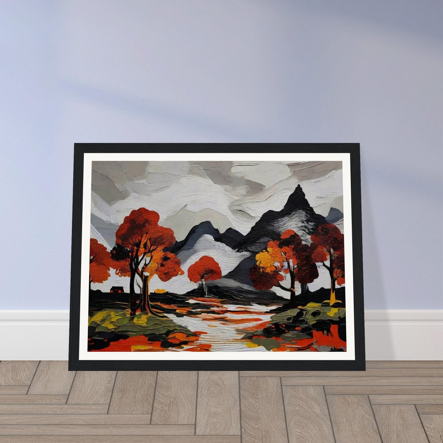 A striking painting of mountains with autumn trees reflected in a river, featuring vivid reds and oranges.