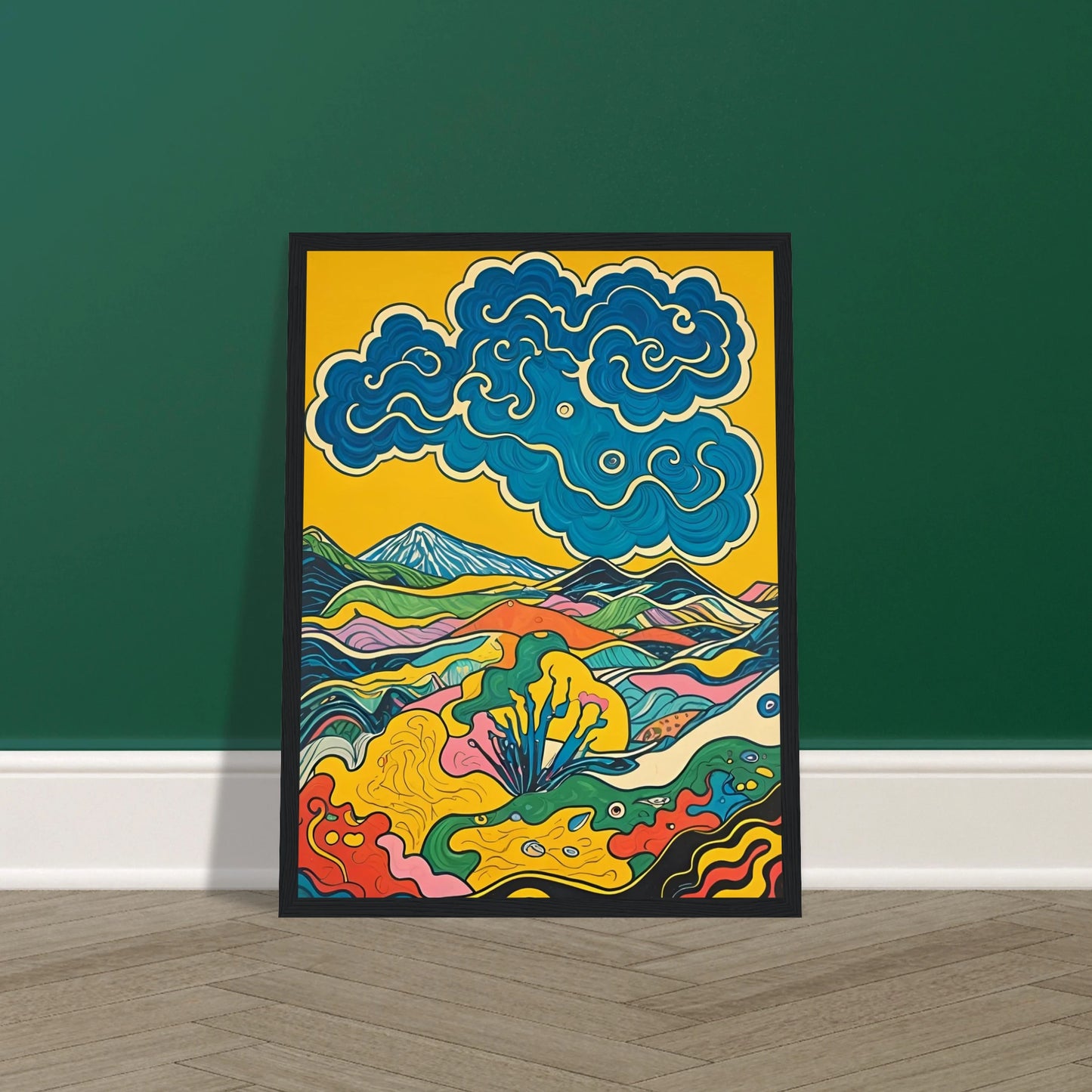 A vivid, psychedelic landscape of colorful hills and blue swirling clouds under a golden sky.