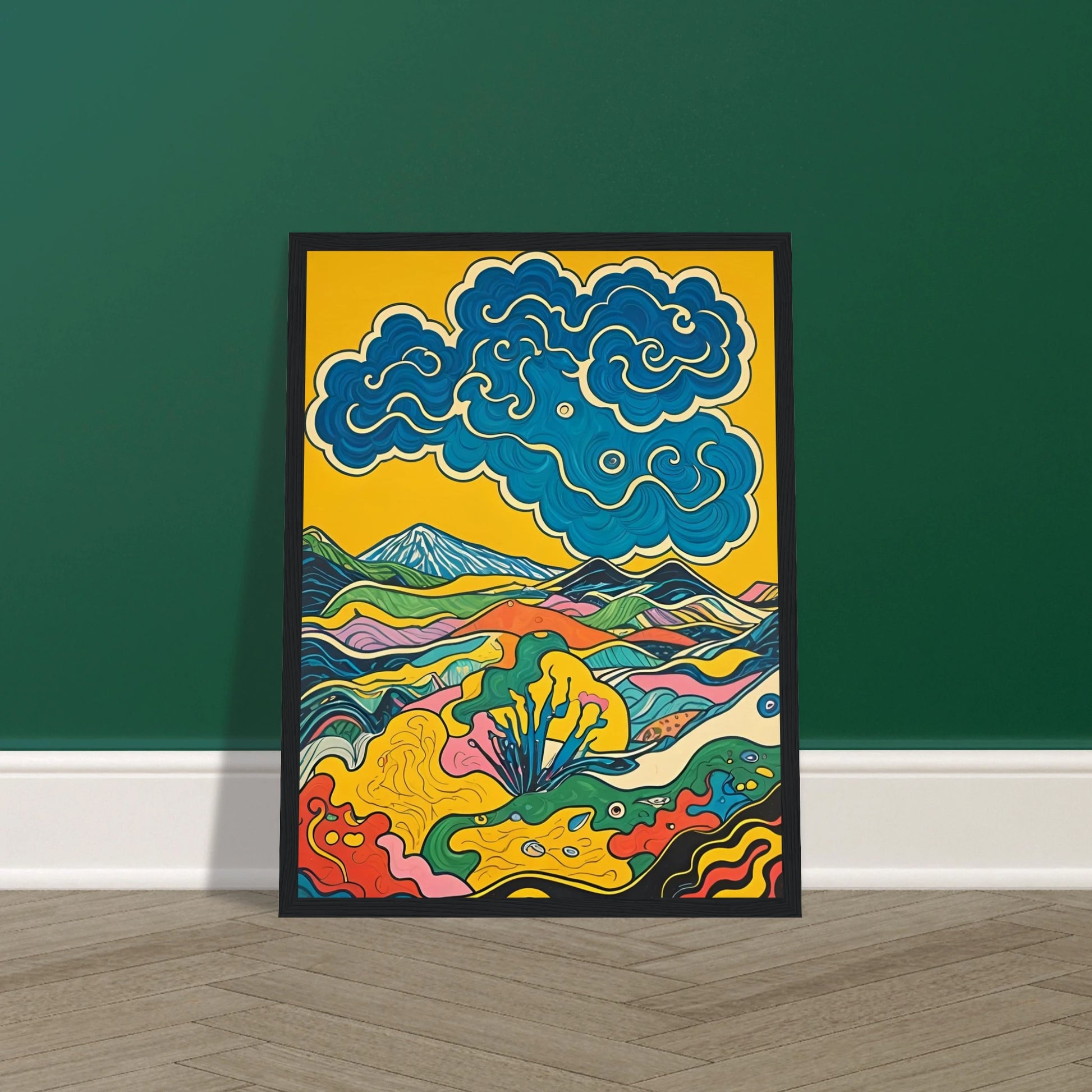 A vivid, psychedelic landscape of colorful hills and blue swirling clouds under a golden sky.
