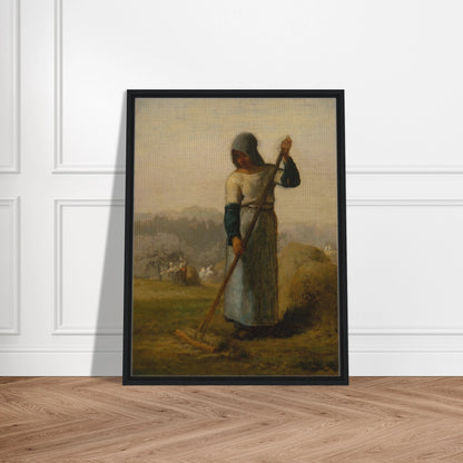 A peasant woman holds a wooden rake beside a haystack as farm workers gather hay in a distant field.
