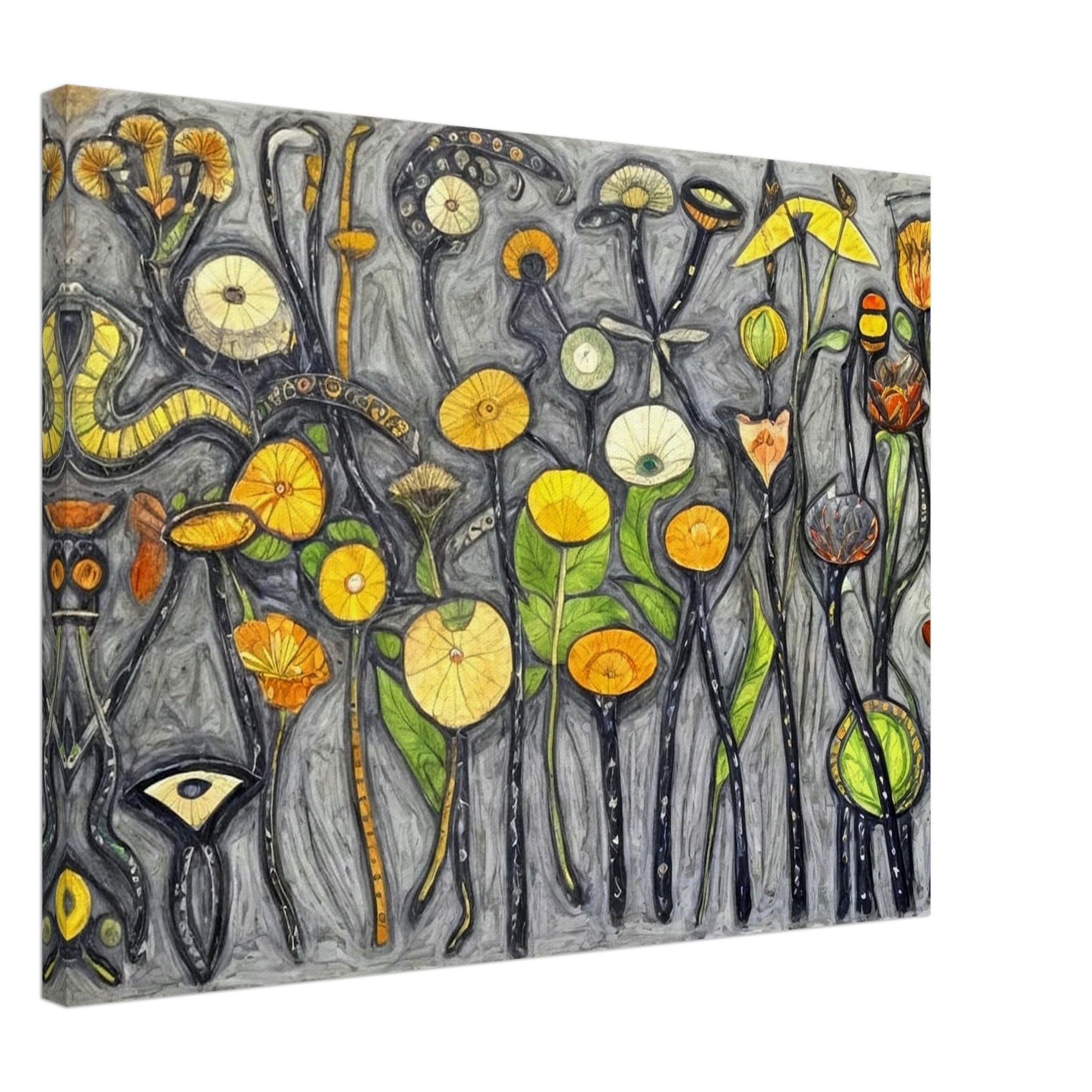 A whimsical painting of abstract flowers and plants in vibrant shades of yellow, orange, and green, set against a textured gray background.