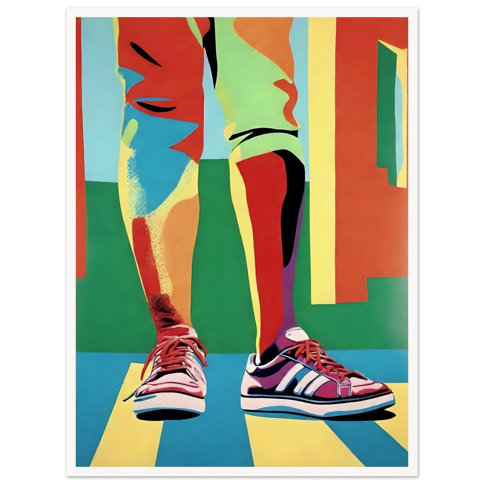 A vibrant painting of legs in colorful pants and bright sneakers, with bold geometric shapes and a playful, modern aesthetic.