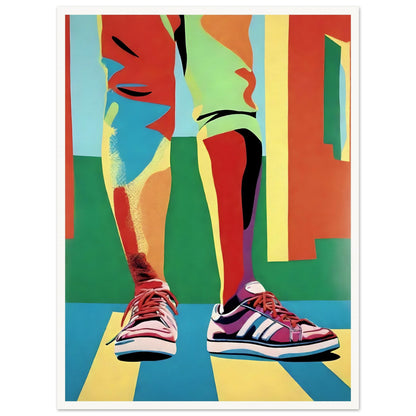 A vibrant painting of legs in colorful pants and bright sneakers, with bold geometric shapes and a playful, modern aesthetic.