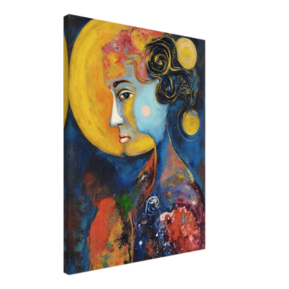 Blue celestial portrait with golden moons, dark curls, and vivid red and yellow cosmic textures.