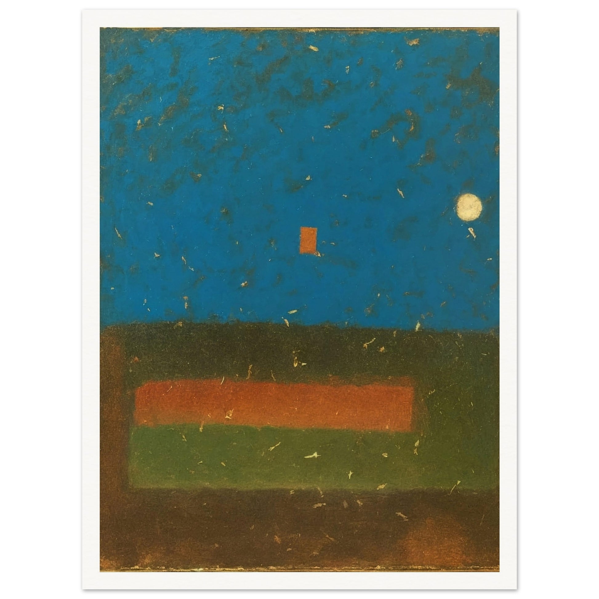 An abstract painting featuring a deep blue textured sky with a glowing moon, a red square, and earthy green and brown horizontal fields.