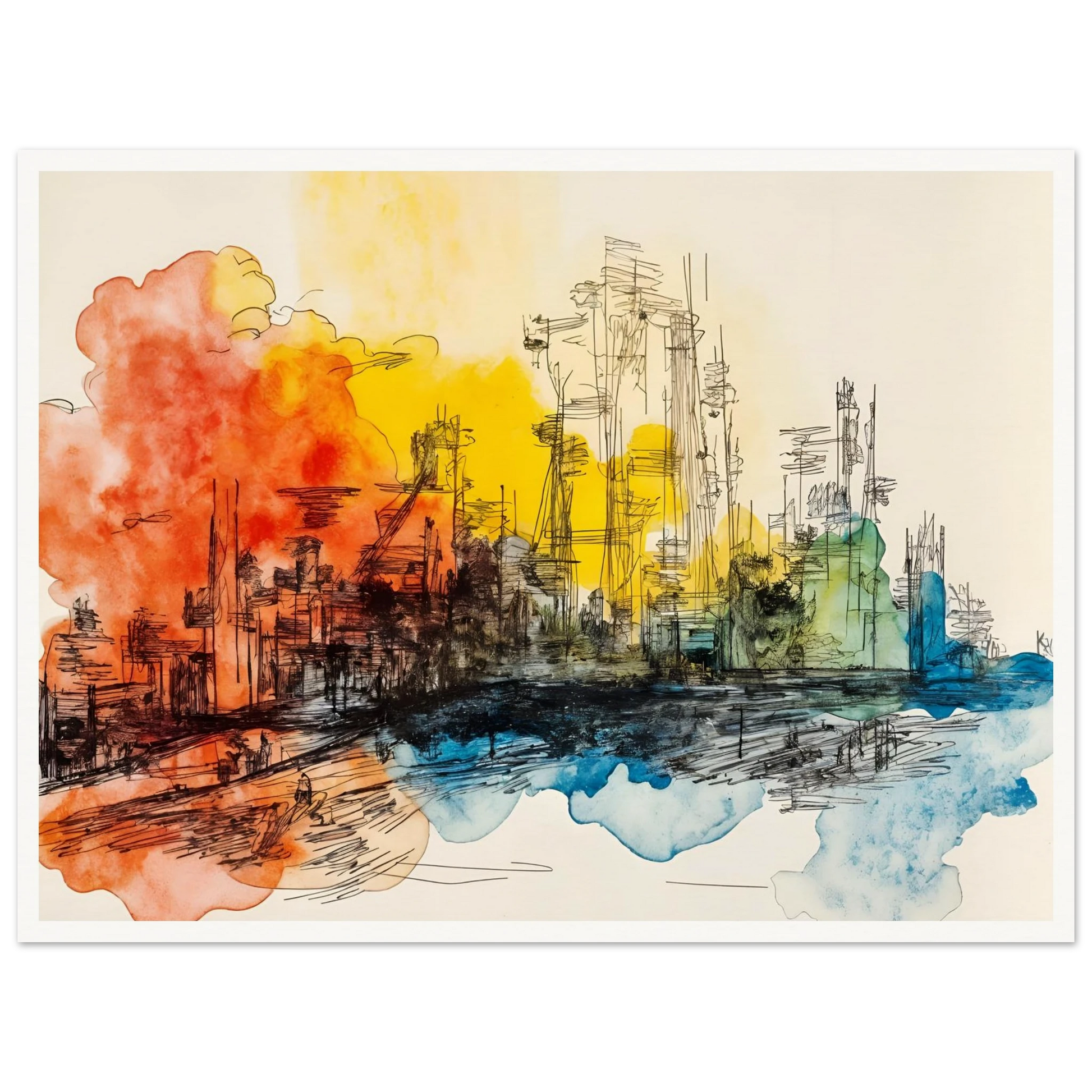 Ink city skyline with orange, yellow, and blue watercolor washes across a bright urban scene.