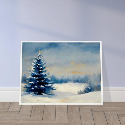 A peaceful winter landscape featuring a lone snow-covered pine tree in a vast snowy field, under a soft, hazy blue and golden sky.