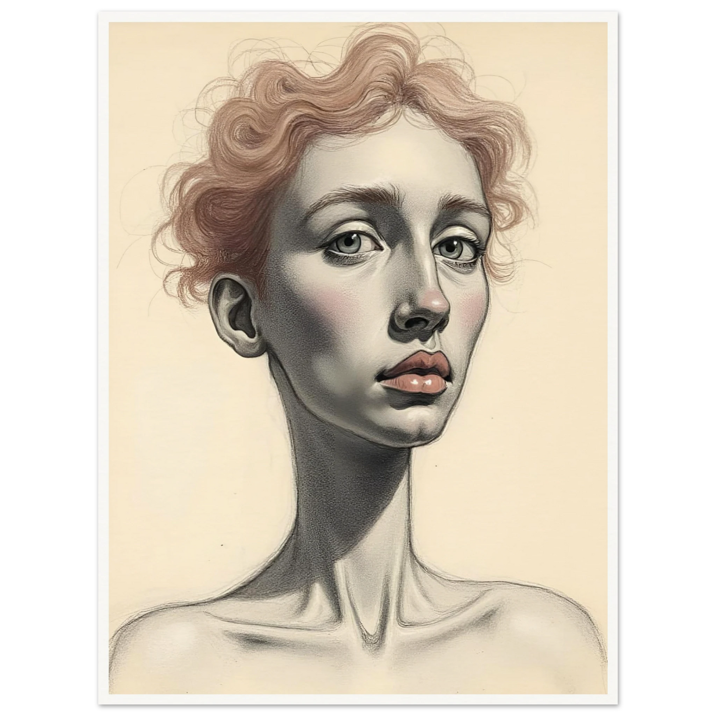 A detailed portrait of a woman with soft red curls, pale skin, and steady eyes, evoking grace and introspection.