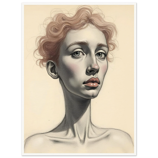 A detailed portrait of a woman with soft red curls, pale skin, and steady eyes, evoking grace and introspection.