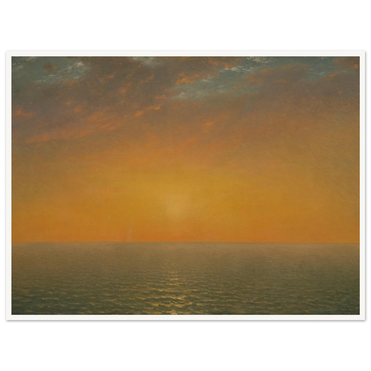 Golden-orange sunset glows above a calm sea beneath soft gray clouds and a distant horizon.