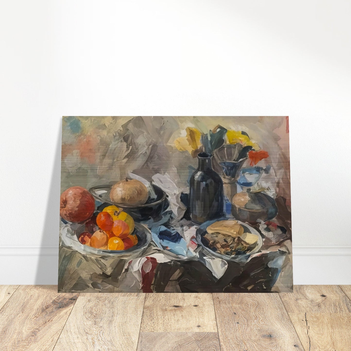 A rustic still life painting featuring a variety of fruits, a dark bottle, and scattered tableware on a draped table.