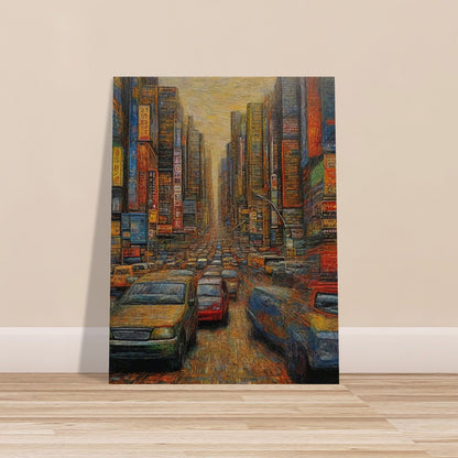 "A detailed painting of a busy urban street filled with cars and surrounded by towering skyscrapers, neon signs, and a warm, hazy sky overhead."