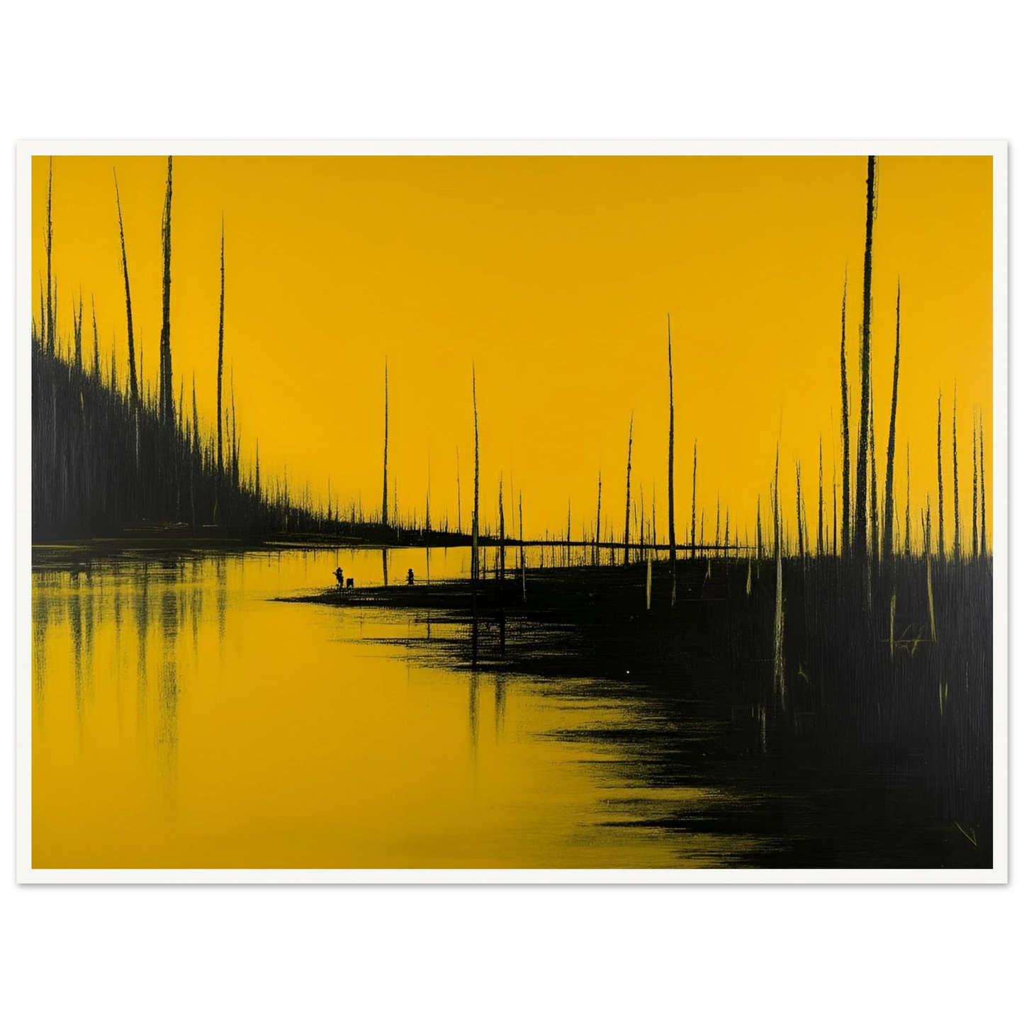 Tall black trees pierce a golden-yellow sky, reflected in still waters as tiny figures stand quietly in the surreal forest scene.