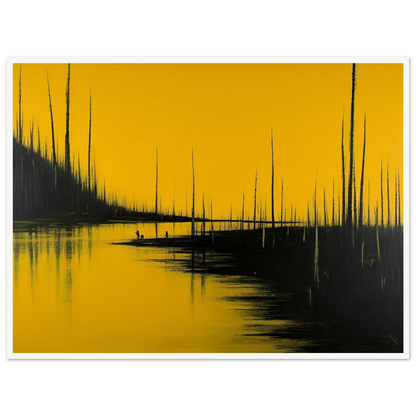 Tall black trees pierce a golden-yellow sky, reflected in still waters as tiny figures stand quietly in the surreal forest scene.