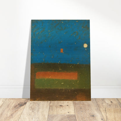 An abstract painting featuring a deep blue textured sky with a glowing moon, a red square, and earthy green and brown horizontal fields.