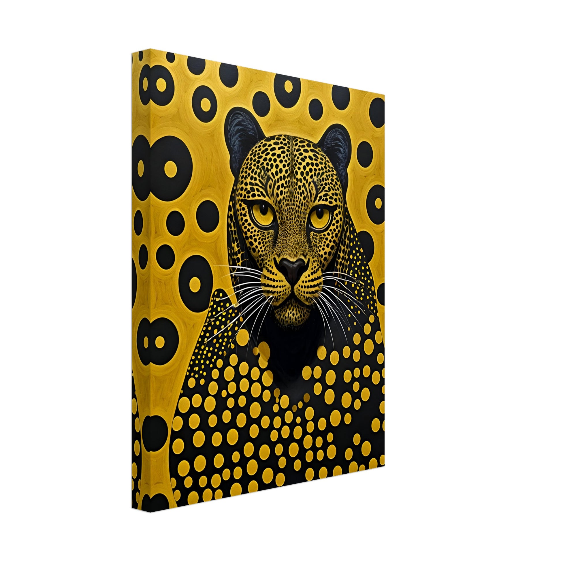 A striking portrait of a leopard with intricate golden spots, piercing eyes, and a mesmerizing geometric background of black and gold.