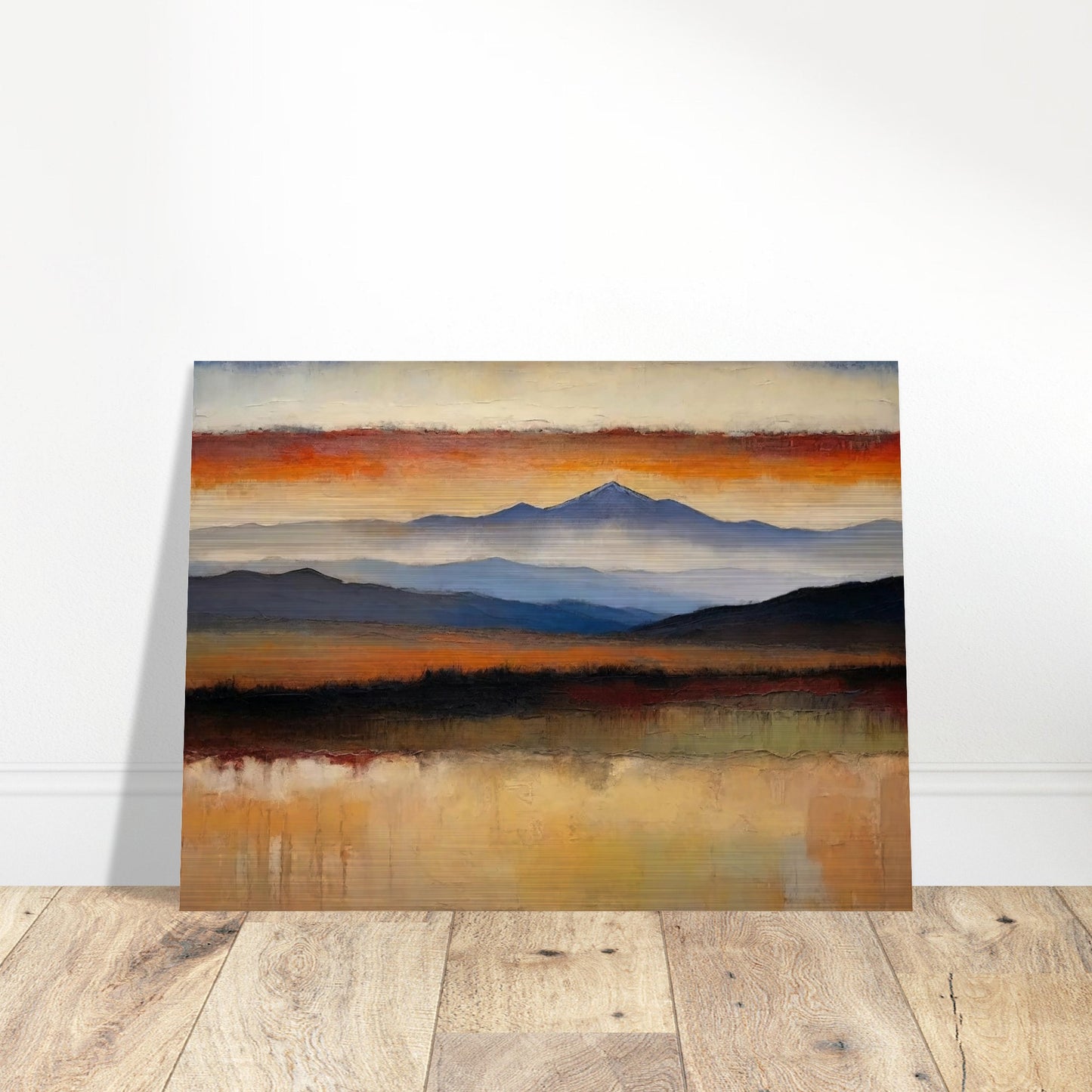 A peaceful painting of a vast landscape with layered mountains in the distance and a colorful sunset sky.