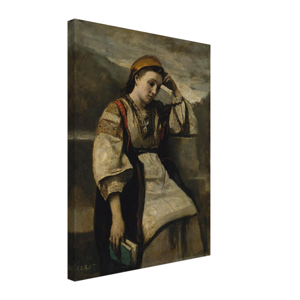 A seated woman in traditional dress rests her head on her hand while holding a book.
