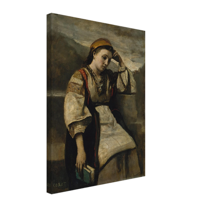 A seated woman in traditional dress rests her head on her hand while holding a book.