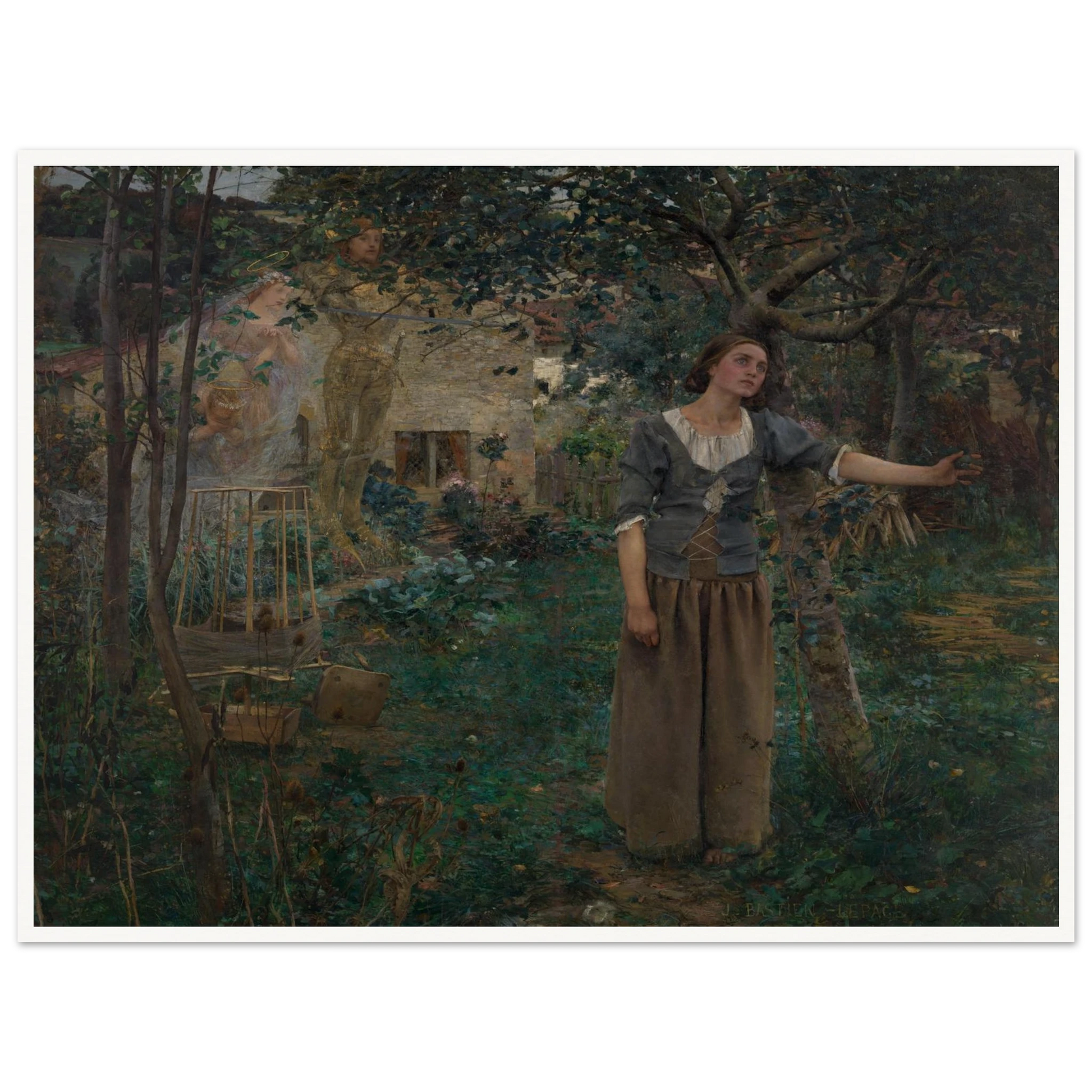 Joan of Arc stands in a garden as luminous saints appear behind her