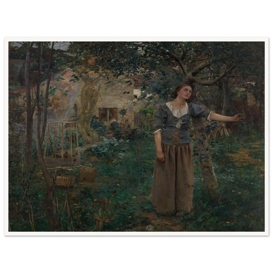 Joan of Arc stands in a garden as luminous saints appear behind her