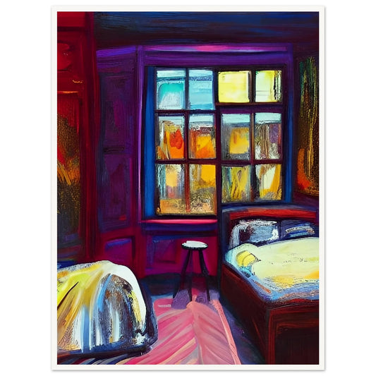 A vibrant painting of a bedroom illuminated by the warm glow of the evening light coming through a large window, casting colorful reflections on the walls and furniture