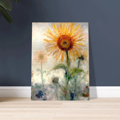 A luminous sunflower radiates warmth and hope, its golden petals glowing softly against a misty pastel background.
