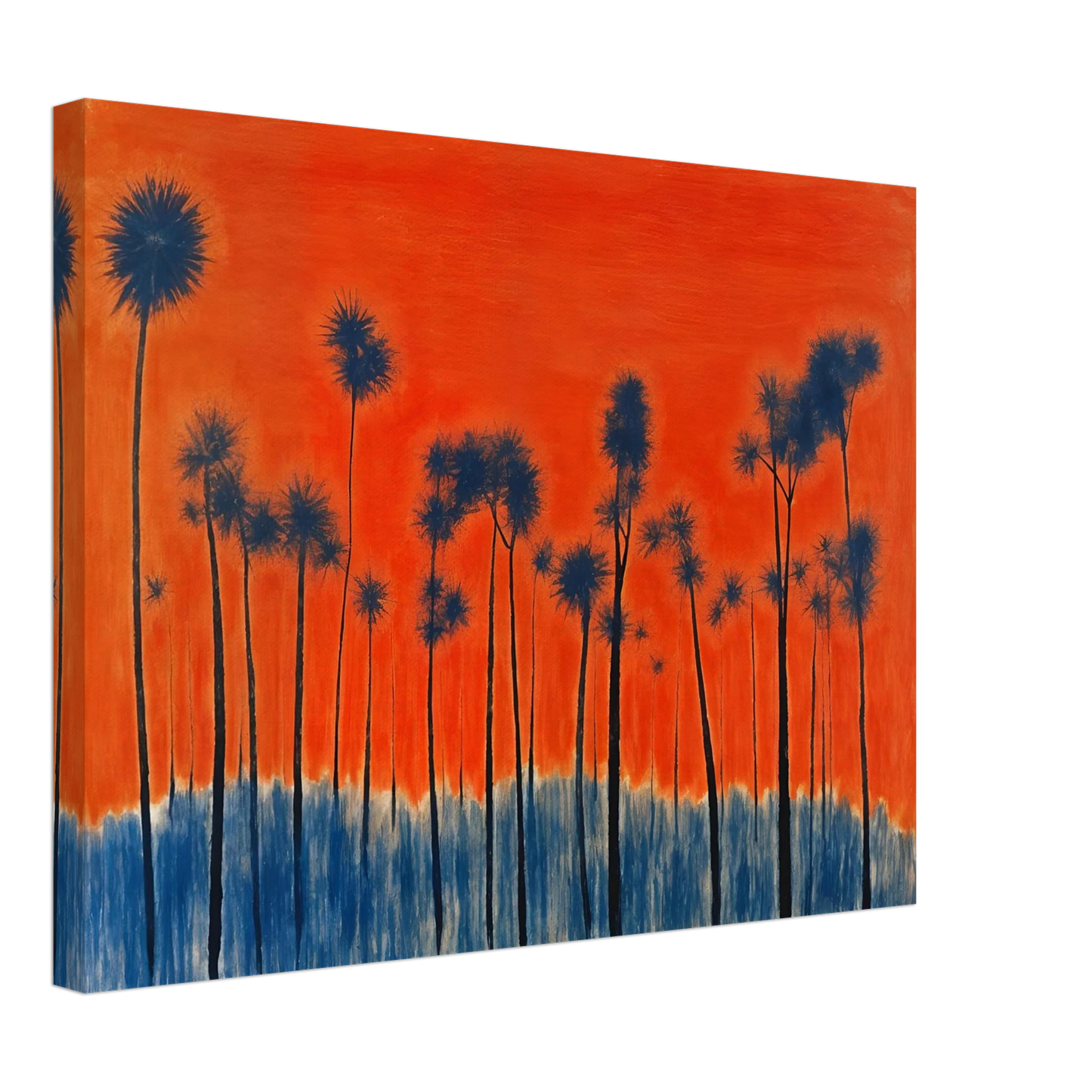 Dark silhouettes of tall palm-like trees rise against a vivid orange-red sky with deep blue ground tones, radiating intense warmth.