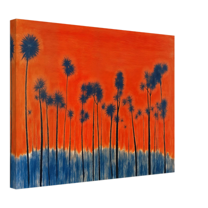 Dark silhouettes of tall palm-like trees rise against a vivid orange-red sky with deep blue ground tones, radiating intense warmth.