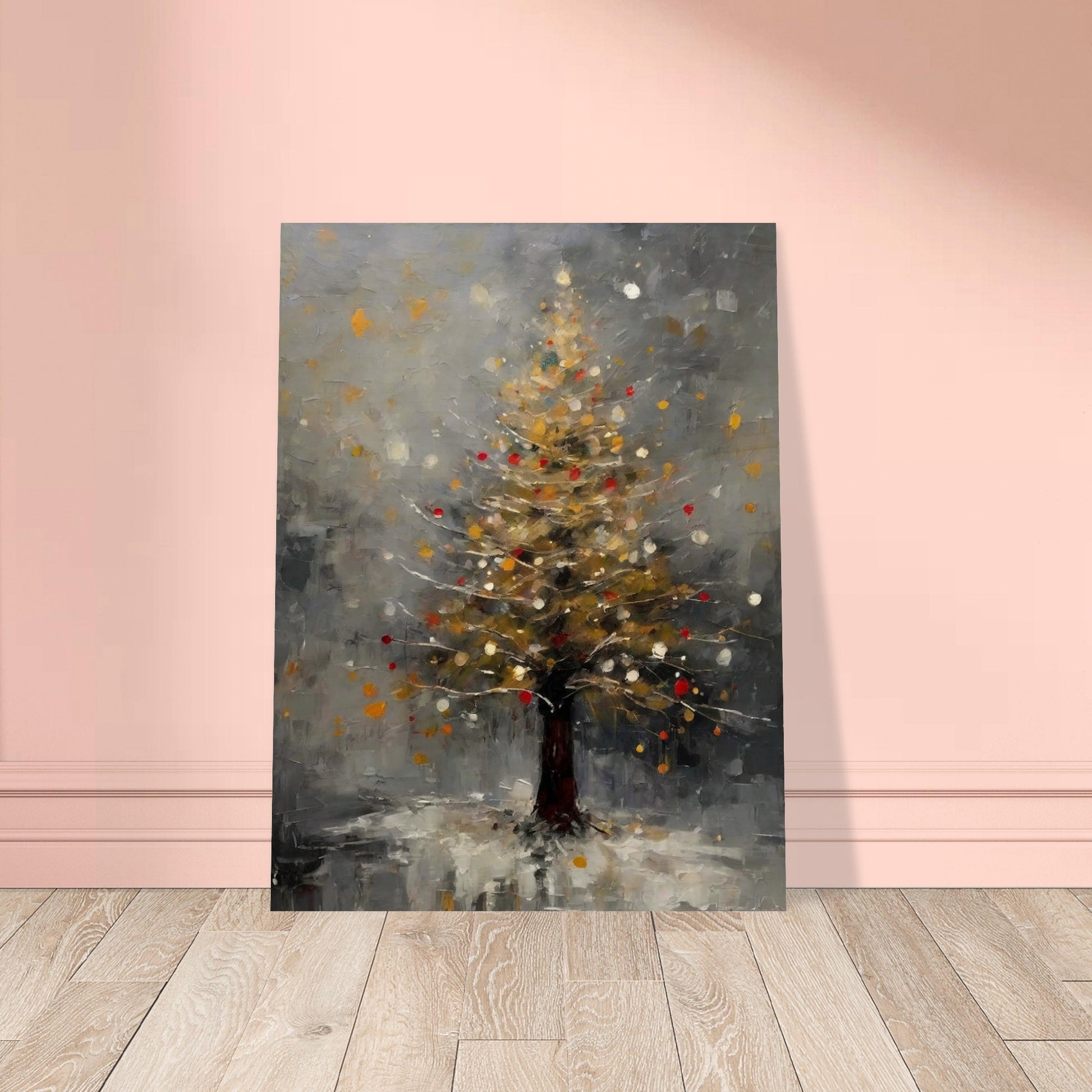 A serene painting of a Christmas tree glowing with golden and red lights, set against a misty gray background and a snowy base.