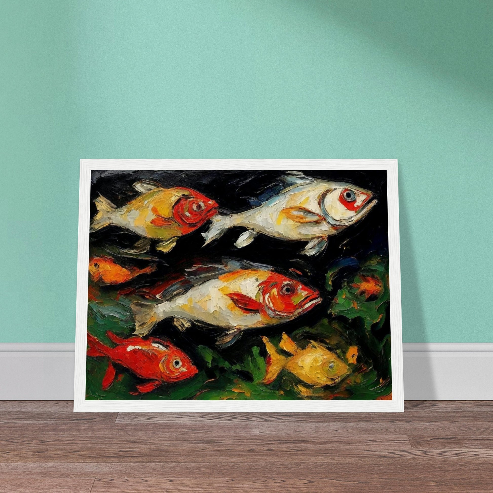 A vibrant painting of multiple colorful fish swimming in a dark aquatic environment, showcasing dynamic brushstrokes and rich hues.