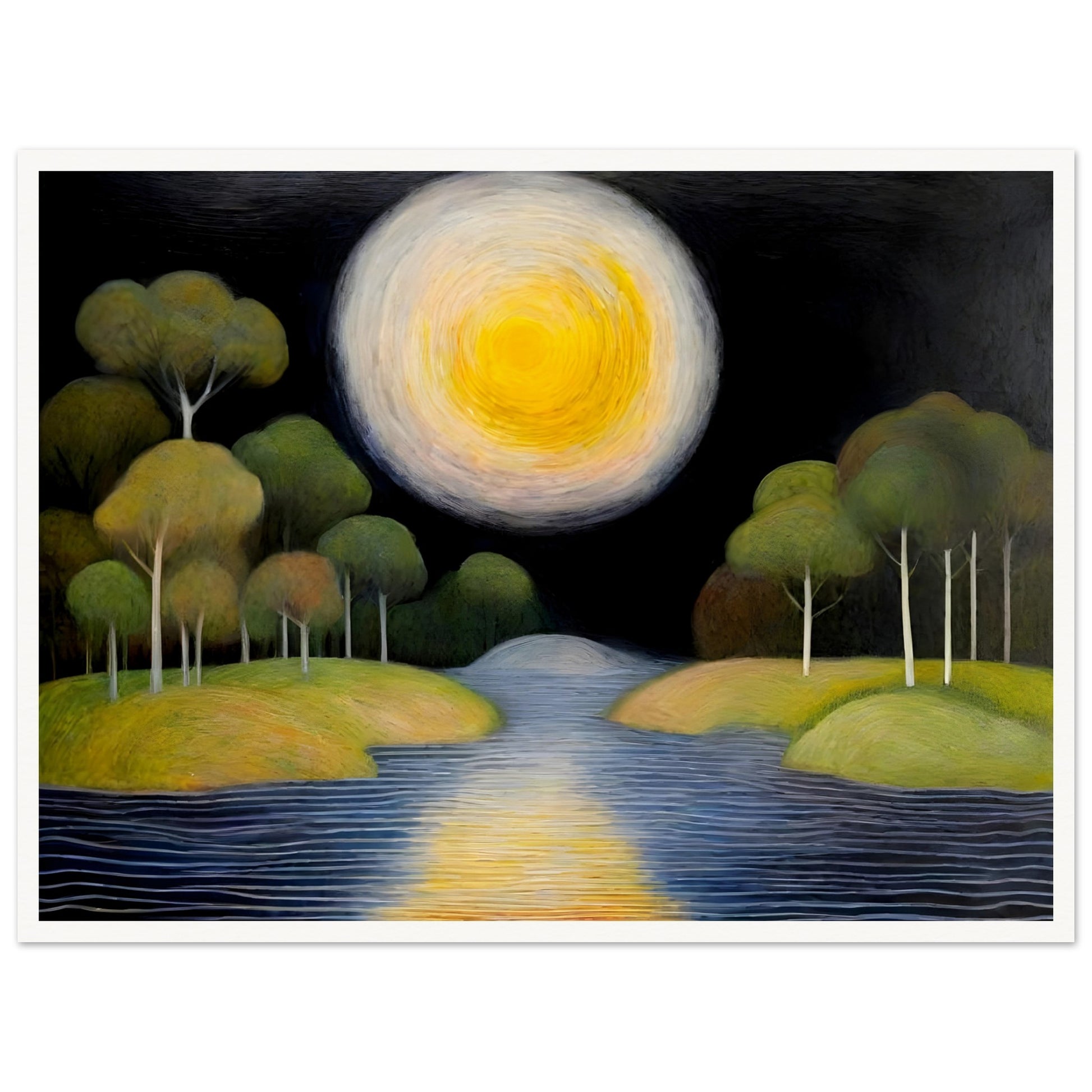 A dreamlike night scene featuring a glowing golden moon over a calm river, surrounded by lush green trees on rolling islands, reflecting a soft celestial light.