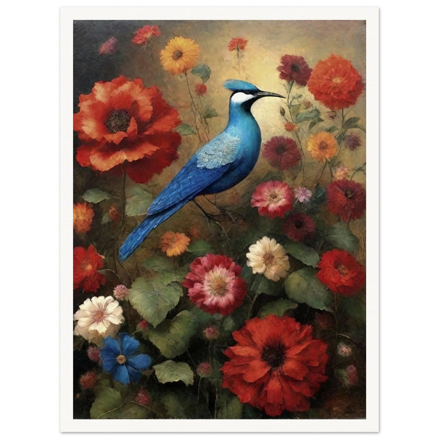 "A vibrant painting of a blue bird perched among blooming flowers in red, orange, and pink hues, set against a soft, warm background."