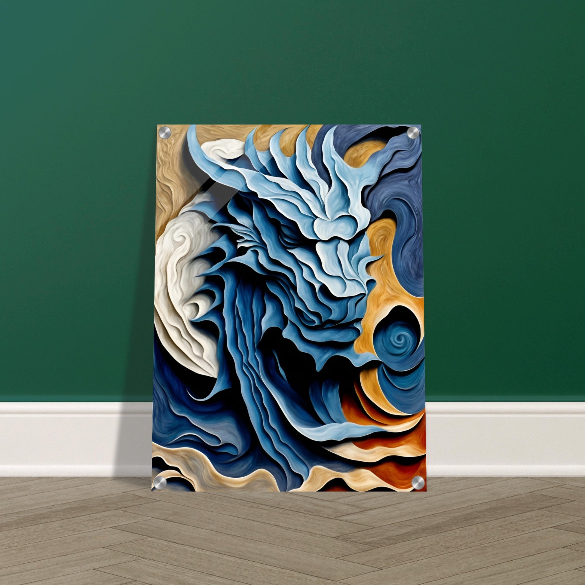 A swirling, dragon-like form emerges in shades of blue, white, and gold, evoking movement, energy, and mythical power.