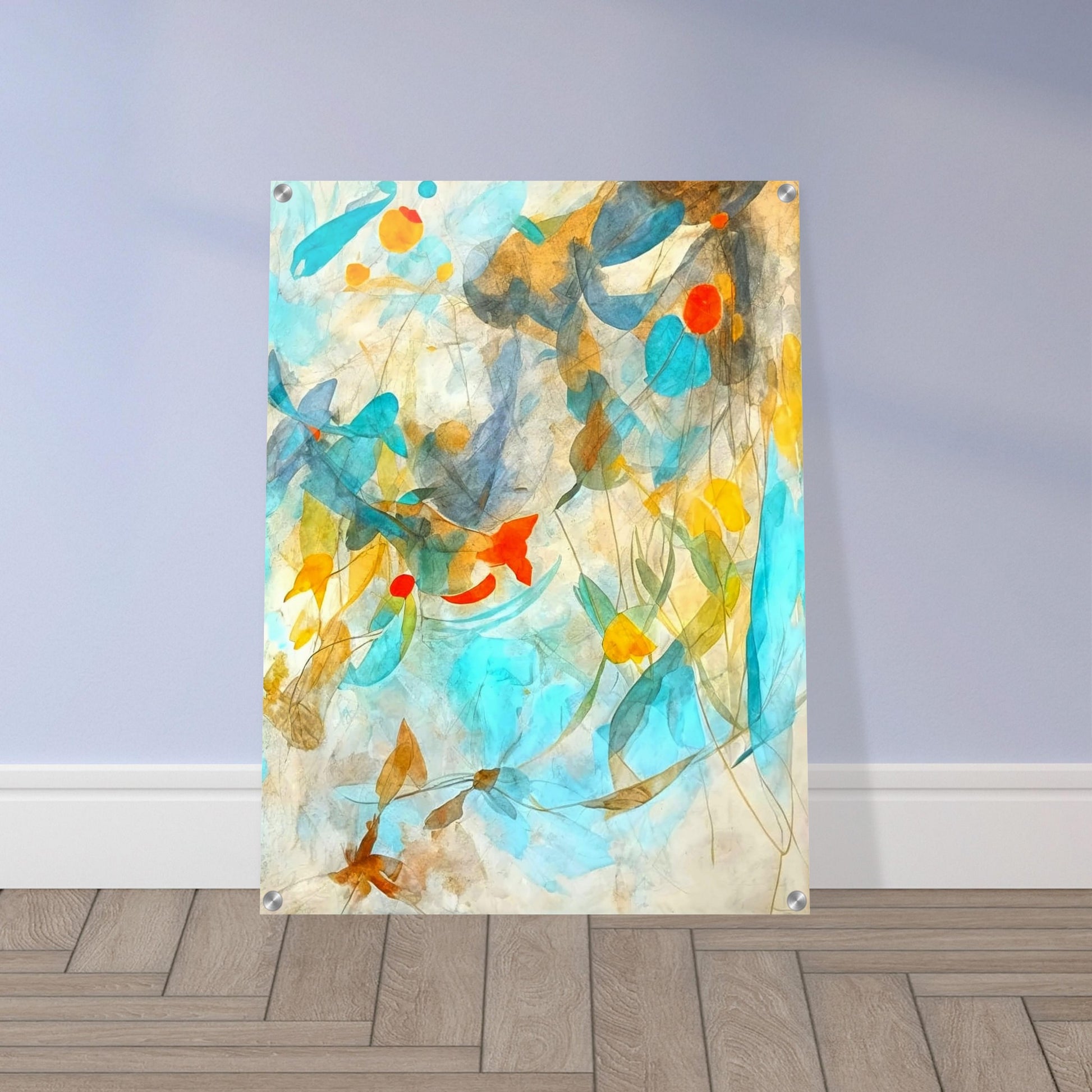 A delicate abstract painting with soft blue, yellow, and orange tones blending harmoniously, evoking the fluidity of nature's elements.