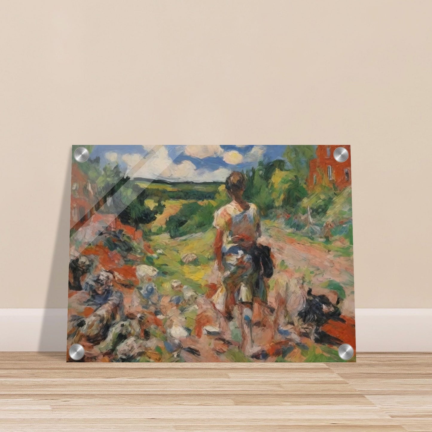 An expressive painting of a shepherd walking with a flock of sheep along a colorful, scenic countryside path.