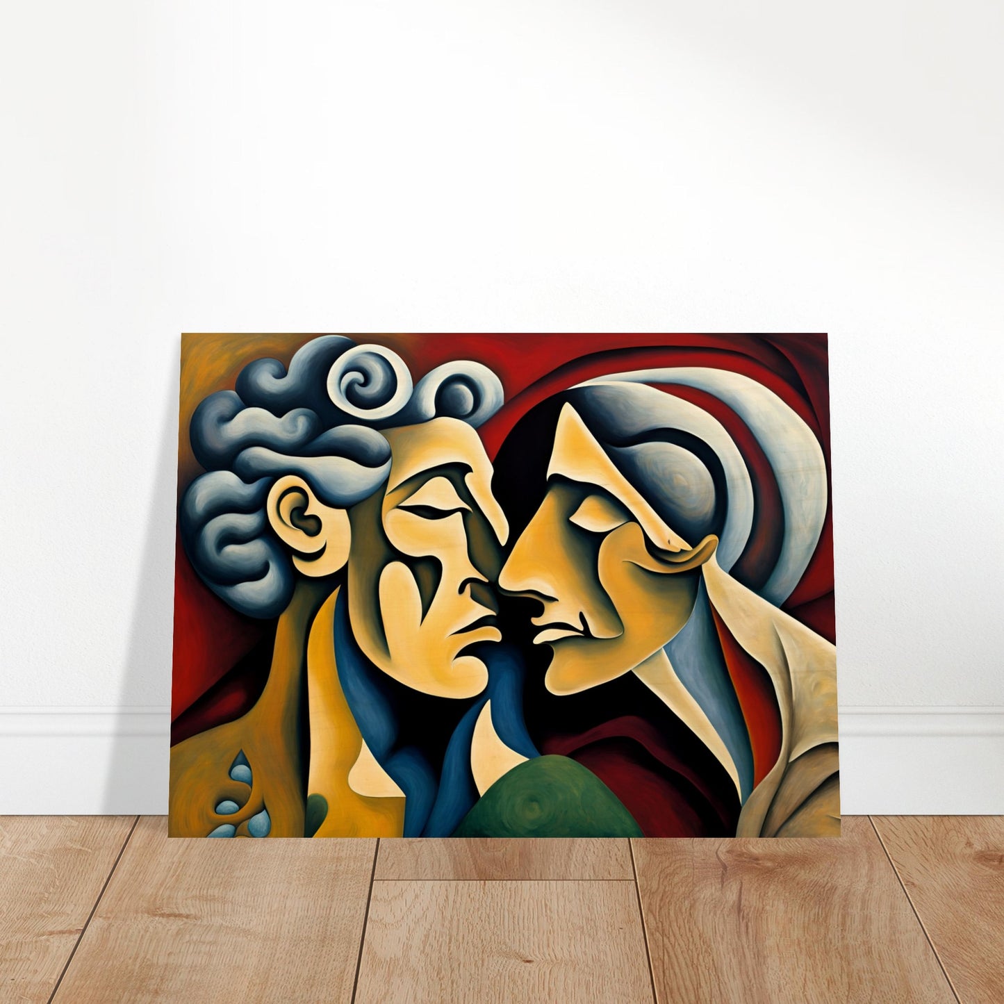 A captivating expressionist painting of two faces nearly touching, their forms blending in warm tones against a rich red background.