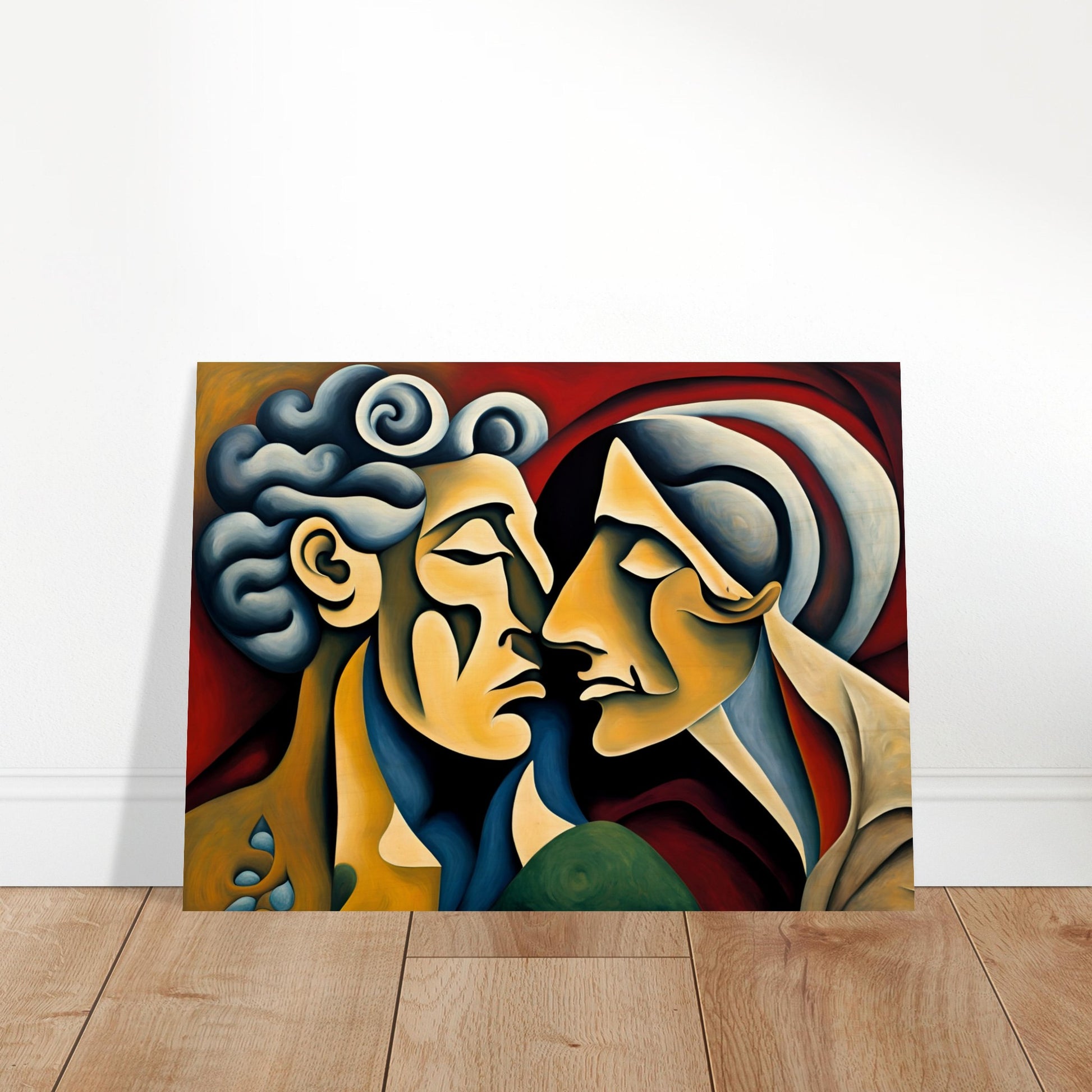 A captivating expressionist painting of two faces nearly touching, their forms blending in warm tones against a rich red background.