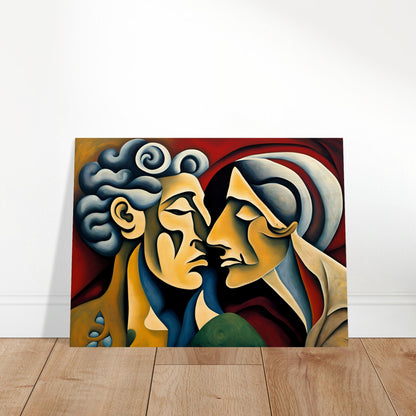 A captivating expressionist painting of two faces nearly touching, their forms blending in warm tones against a rich red background.