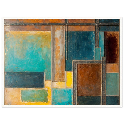 A textured painting featuring geometric metallic panels in earthy browns, deep blues, and golden yellows, evoking an industrial aesthetic.