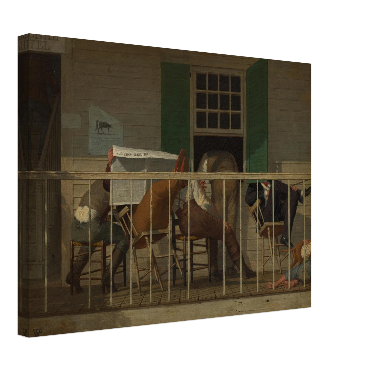 Men sit on a porch reading a newspaper while a child rests beside a dog