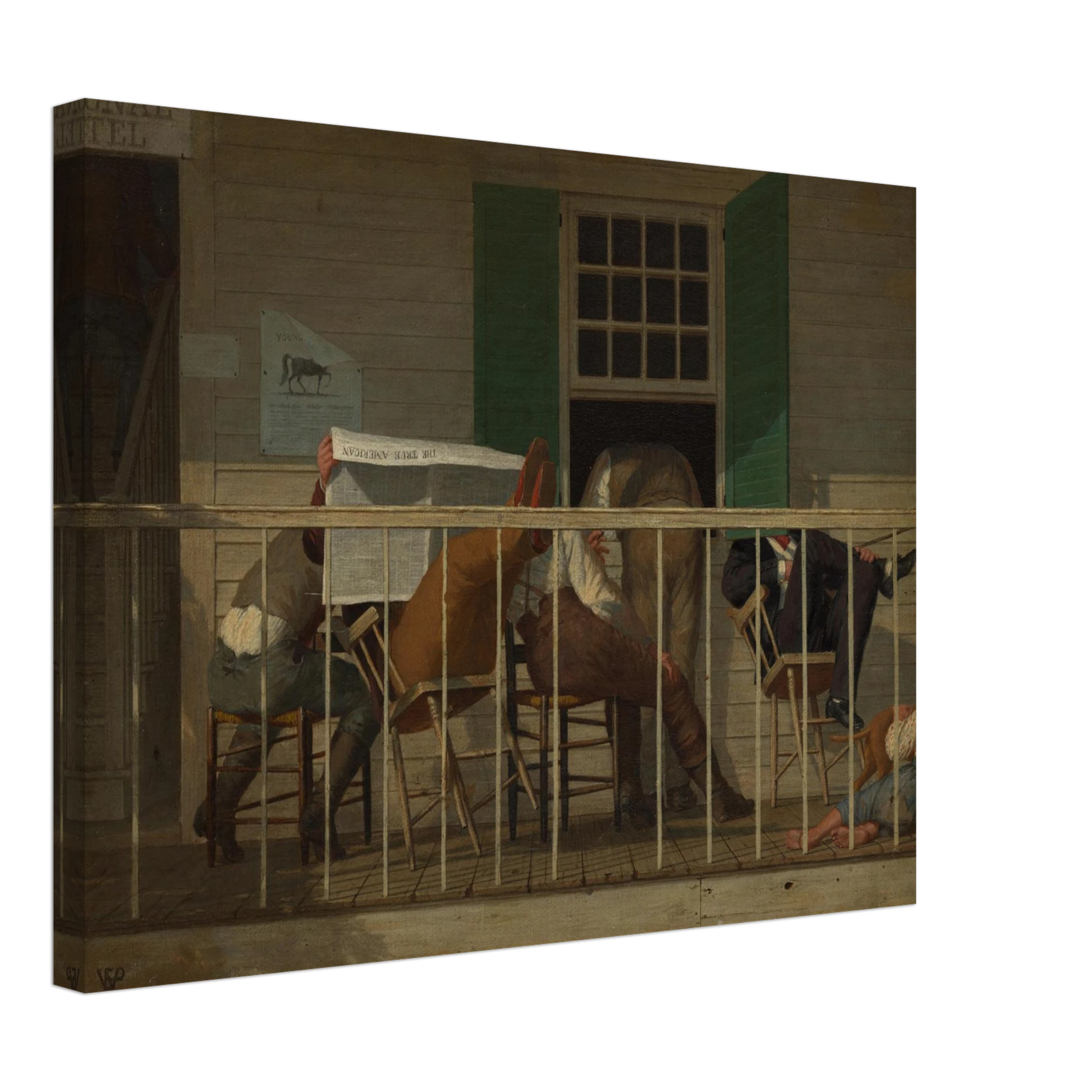 Men sit on a porch reading a newspaper while a child rests beside a dog