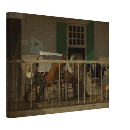 Men sit on a porch reading a newspaper while a child rests beside a dog