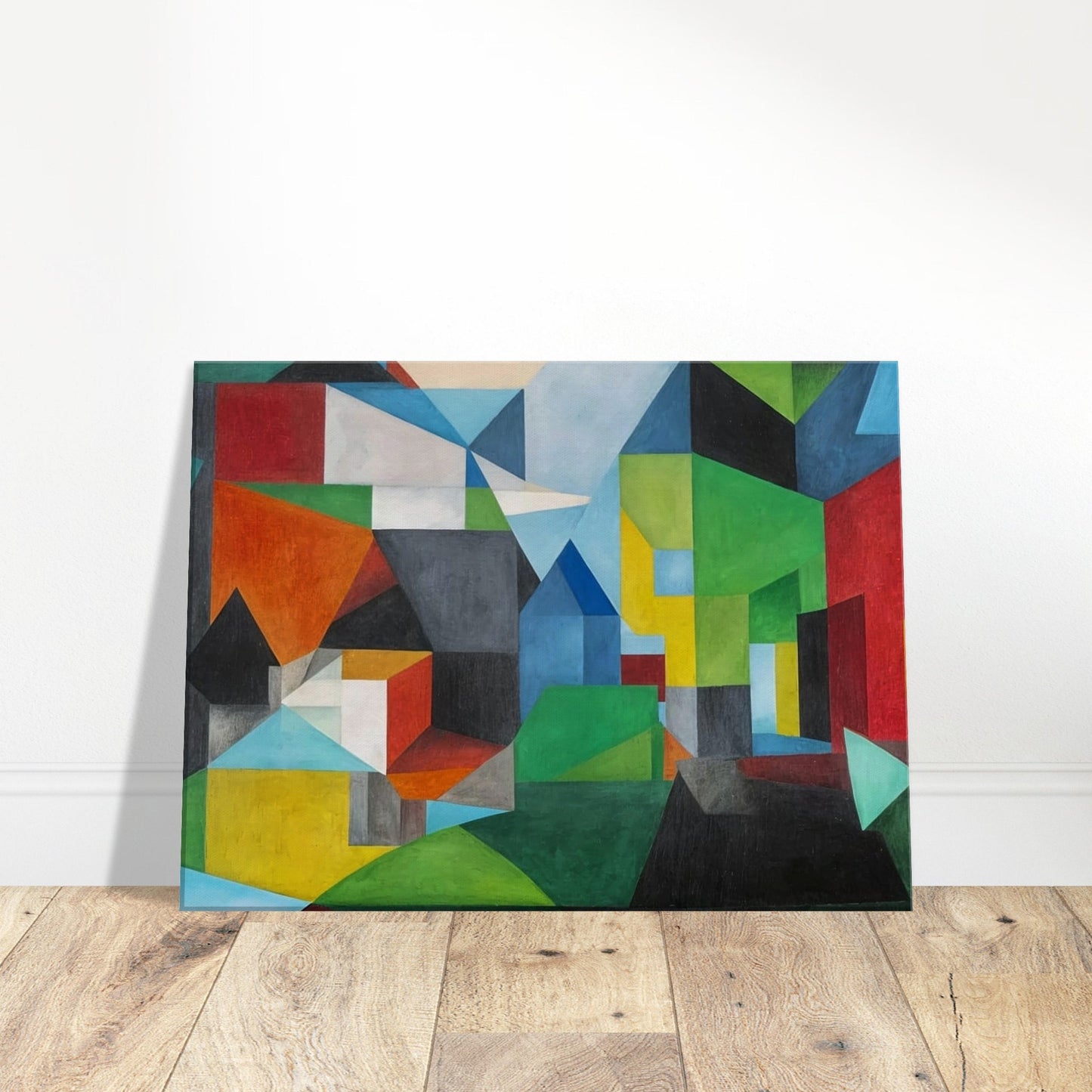 Abstract painting with vibrant geometric shapes forming a village-like scene with houses and landscapes.