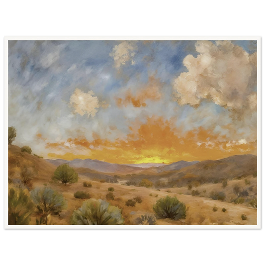 A glowing orange sunset spreads over a tranquil desert valley with scrubby bushes, rolling hills, and dramatic cloud cover.