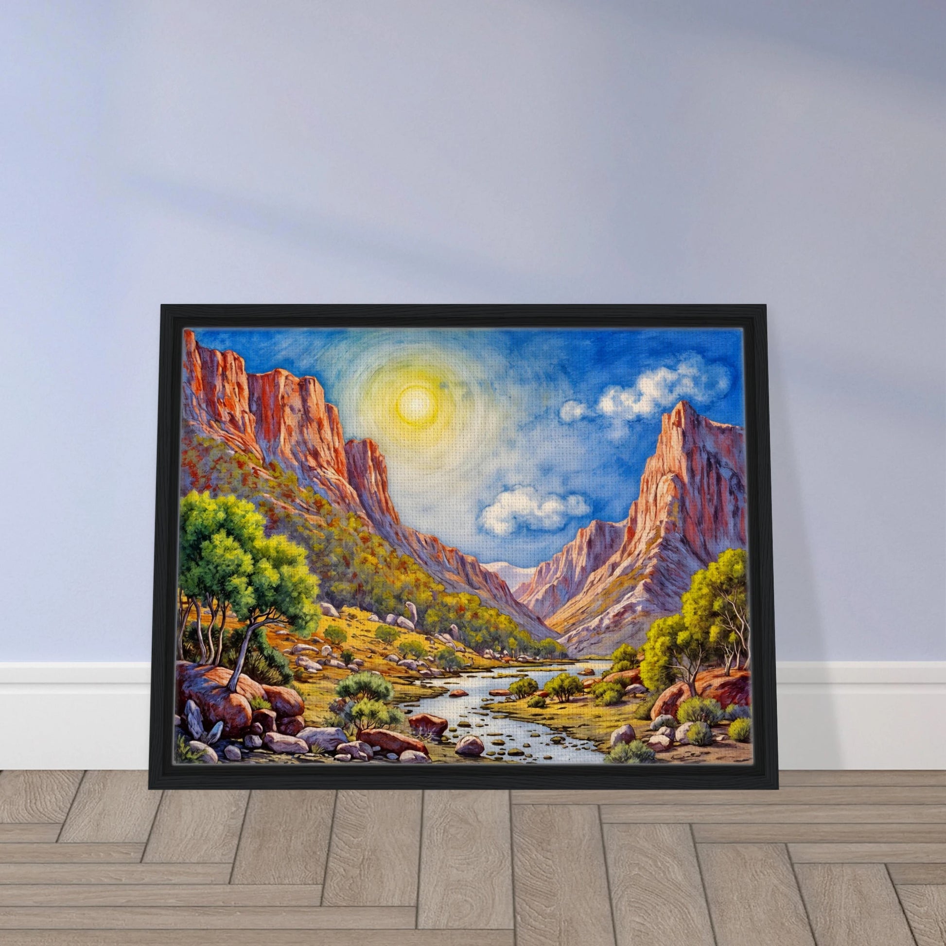 Bright desert canyon landscape with towering sunlit cliffs, winding river, vivid blue sky, and glowing golden valley under radiant sunlight.