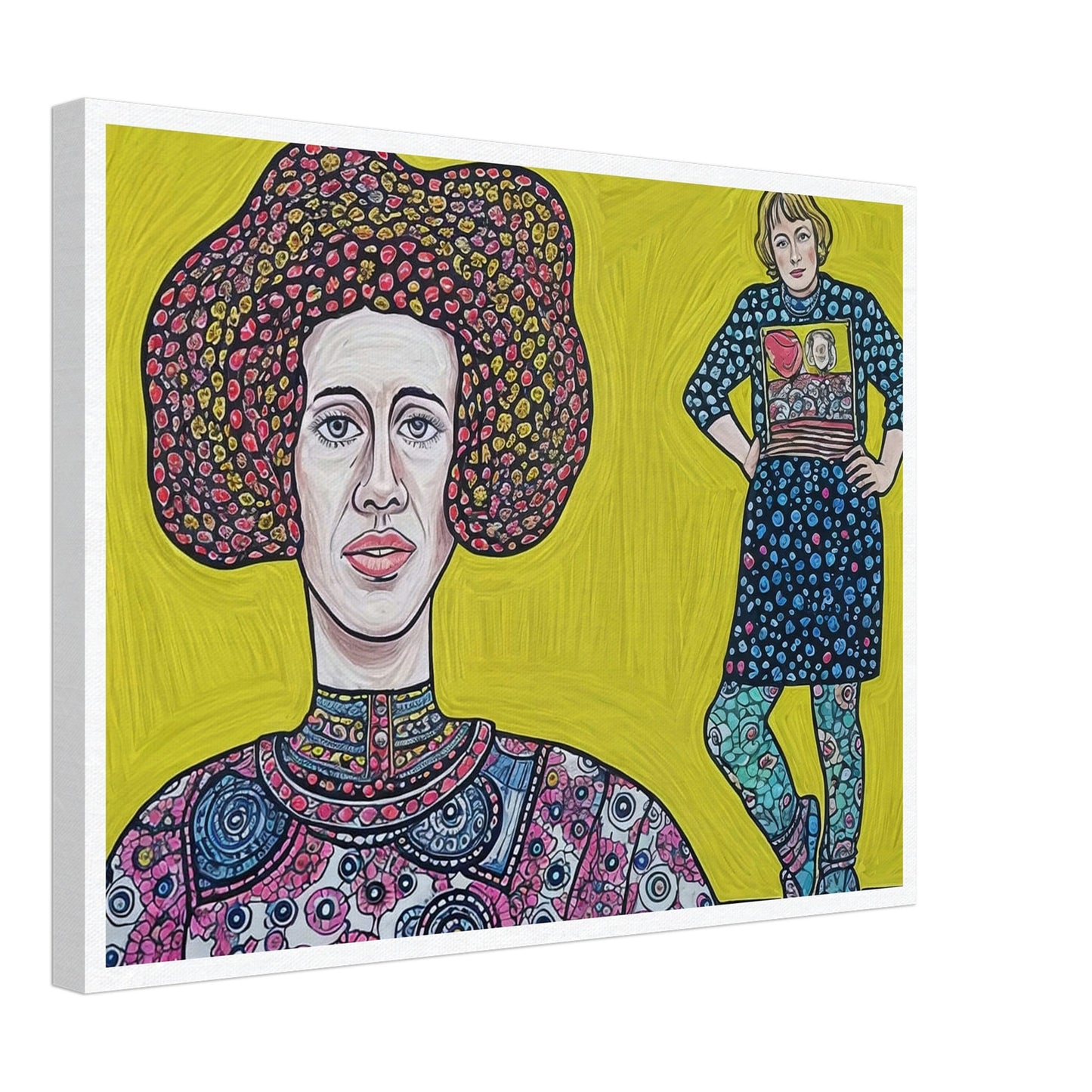 A colorful dual portrait painting featuring two women in patterned clothing against a bright yellow background.