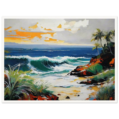 A vibrant painting of an ocean wave crashing onto a rocky coastline with palm trees and a colorful sky at sunset, exuding serenity.