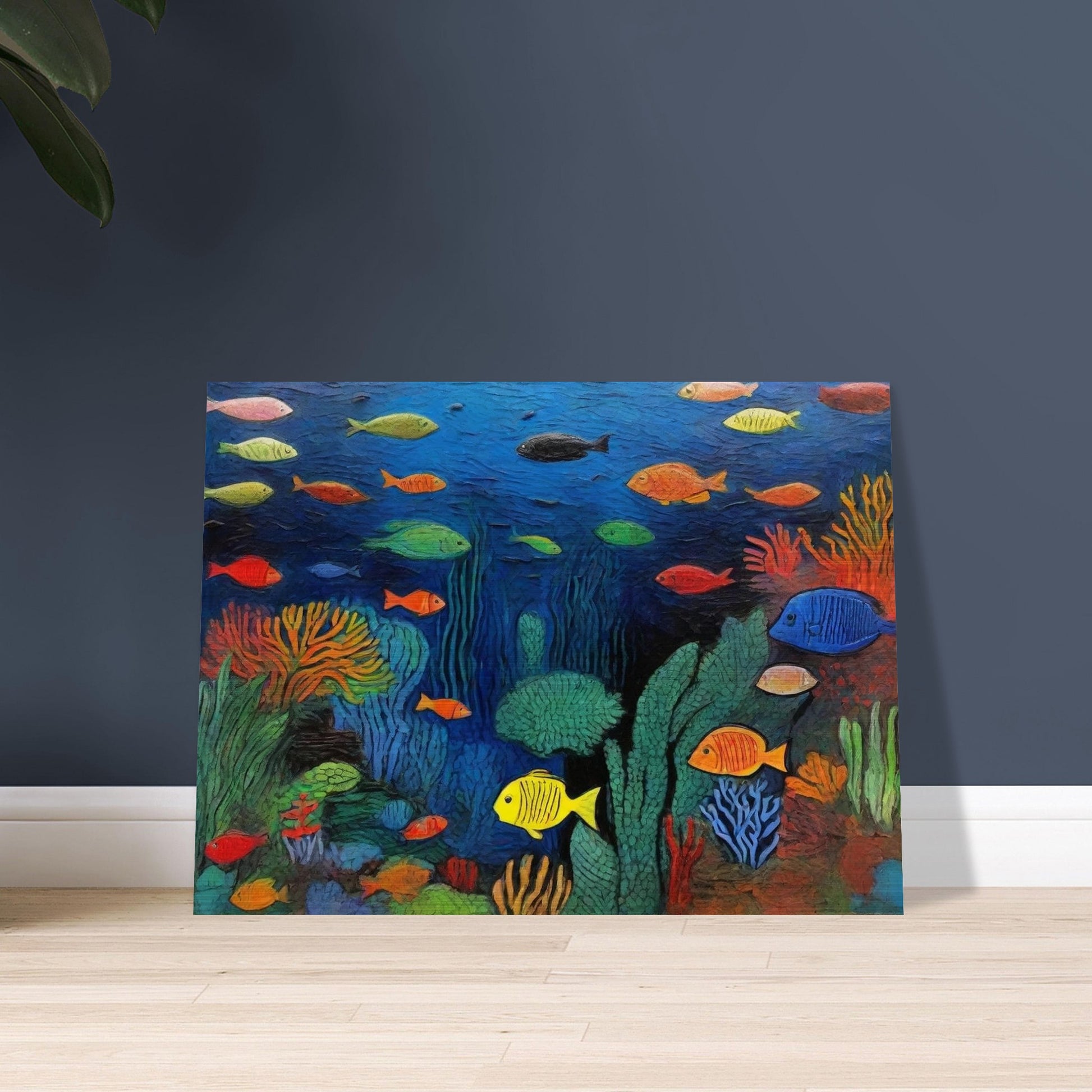 "A vivid painting of a vibrant underwater coral reef, teeming with colorful fish of various shapes and sizes swimming amidst the lush marine plants and coral."