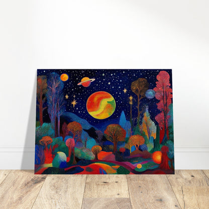 A vibrant landscape featuring trees and planets under a starry sky, with bold, bright colors creating a surreal cosmic scene.